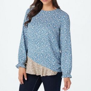 LOGO by Lori Goldstein Prntd Chiffon Blouse w/Contrast Panels-Blue-Large A375059